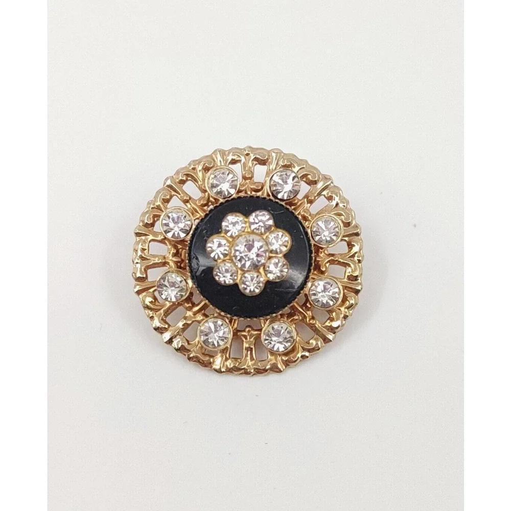Vintage Flower‎ Brooch Pin Black Gold-Tone Rhinestone Victorian
